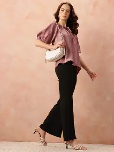 all about you Tie-Up Neck Puff Sleeves Gathered Detail Satin-Finish Top