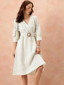 all about you Vertically Striped Seersucker Wrap-Style Midi A-Line Dress with Belt