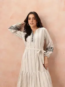 all about you Striped Embroidered Detail Pure Cotton Belted A-Line Midi Dress