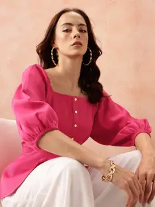 all about you Square Neck Puff Sleeves Button-Down A-Line Top