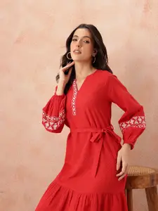 all about you Embroidered Detail Pure Cotton Belted A-Line Midi Dress