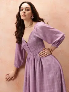 all about you Checked Smocked Puff Sleeve Fit & Flare Midi Dress