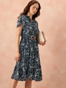 all about you Floral Print Flutter Sleeves A-Line Midi Dress with Belt