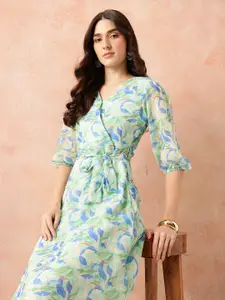 all about you Floral Print Puff Sleeves Wrap-Style A-Line Dress