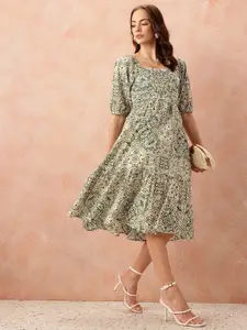 all about you Ethnic Print Puff Sleeve Pure Cotton A-Line Midi Dress