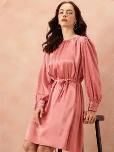 all about you Gathered Detail Bishop Sleeves Party Satin A-Line Dress with Belt