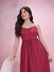 DressBerry Shoulder Straps Ruched Effect Smocked & Ruffled Detail Maxi Fit & Flare Dress