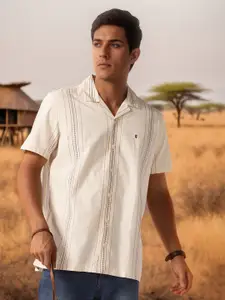 Louis Philippe Jeans Men Slim Fit Cuban Collar Vertical Striped Cotton Casual Shirt