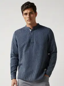 Louis Philippe Jeans Men Band Collar Vertical Striped Cotton Casual Shirt