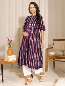 Janasya Women's Wine Pure Cotton Geometric Printed A-line Maternity Kurta