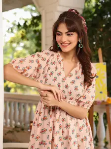 Janasya Women's Peach Pure Cotton Floral Printed Tiered Dress