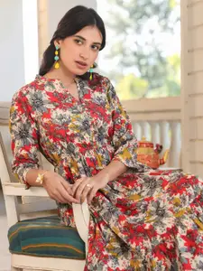 Janasya Women Multicolor Pure Cotton Floral Printed Tiered Dress