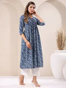 Janasya Women Blue Pure Cotton Floral Printed A-line Kurta