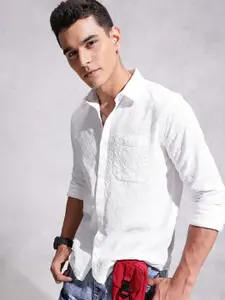 WROGN Opaque Self Design Textured Pure Cotton Casual Shirt