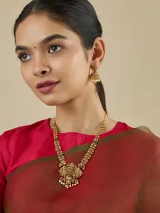 Kushal's Fashion Jewellery  Copper Ruby-Green Gold-Plated Antique Necklace