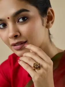 Kushal's Fashion Jewellery Green Gold-Plated Stone-Studded Adjustable Antique Finger Ring