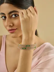 Kushal's Fashion Jewellery Set Of 2 Green Rhodium Gold-Embellished Bridal Zircon Bangles