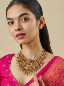 Kushal's Fashion Jewellery  Copper Ruby-Green Gold-Plated Antique Necklace