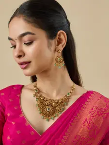 Kushal's Fashion Jewellery  Copper Ruby-Green Gold-Plated Antique Necklace