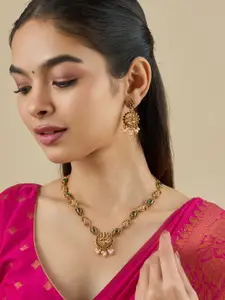 Kushal's Fashion Jewellery  Copper Ruby-Green Gold-Plated Antique Necklace