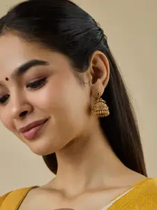 Kushal's Fashion Jewellery  Ruby-Green Gold-Plated Dome Shaped Antique Jhumkas Earrings