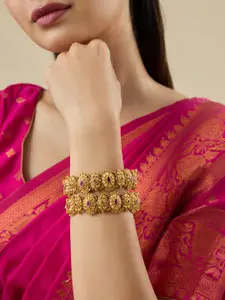 Kushal's Fashion Jewellery   Set Of 2 Gold-Plated Stones-Studded Antique Bangles