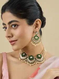 Kushal's Fashion Jewellery Embellished Bridal Copper Green Victorian-Plated Kundan Necklace
