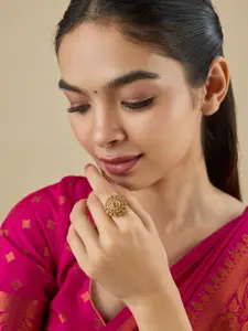 Kushal's Fashion Jewellery   Ruby Gold-Plated Stone-Studded Adjustable Antique Finger Ring