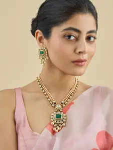 Kushal's Fashion Jewellery Embellished Bridal Copper Green Victorian-Plated Kundan Necklace