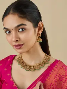 Kushal's Fashion Jewellery  Copper Ruby-Green Gold-Plated Antique Necklace