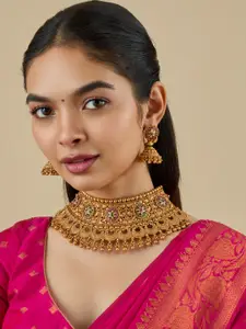 Kushal's Fashion Jewellery  Copper Ruby-Green Gold-Plated Antique Necklace