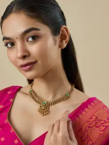 Kushal's Fashion Jewellery  Copper Green Gold-Plated Antique Necklace