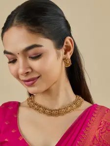 Kushal's Fashion Jewellery  Copper Ruby-Green Gold-Plated Antique Necklace