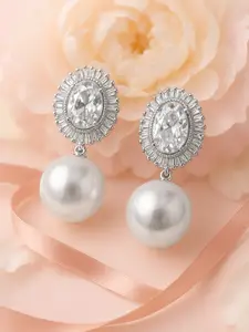 Rubans Rhodium Plated Cubic Zirconia Studded Pearl Drop Oval Frame Earrings