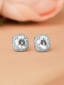 Rubans Rhodium Plated Round Cubic Zirconia Studded Classic Stud Earrings