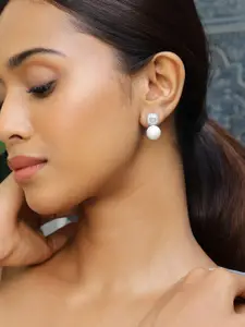 Rubans Rhodium Plated Pearl Drop Earrings with Cubic Zirconia Accents