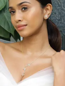 Rubans 22K Gold Plated Cubic Zirconia Studded Starburst Pendant Necklace Set