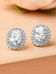 Rubans Rhodium Plated Oval Cubic Zirconia Studded Statement Stud Earrings