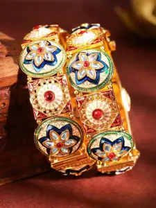 Rubans Set of 2 22K Gold Plated Bangles with Red Stones Kundan & Multicolor Enamel Work
