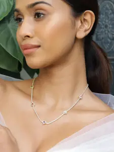 Rubans 22K Gold Plated Multicolor AD & Cubic Zirconia Studded Heart Charm Tennis Necklace