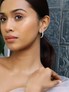 Rubans Rhodium Plated Cubic Zirconia Studded Classic Hoop Earrings