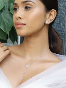 Rubans Rhodium Plated Cubic Zirconia Studded V Shaped Pendant Necklace Set