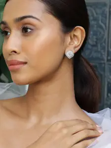 Rubans Rhodium Plated Cubic Zirconia Studded Square Stud Earrings