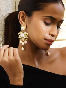 Rubans Voguish 18K Gold Plated Pearl & Zirconia Studded Bold Long Statement Earrings