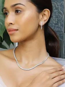 Rubans Rhodium Plated Cubic Zirconia Studded Statement Necklace Set