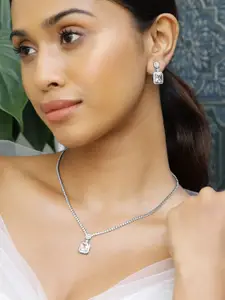 Rubans Rhodium Plated Cubic Zirconia Studded Pendant Necklace Set