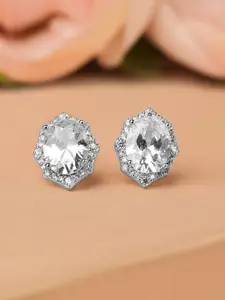 Rubans Rhodium Plated Geometric Oval Cubic Zirconia Studded Statement Stud Earrings