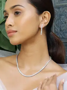 Rubans Rhodium Plated Cubic Zirconia Studded Tennis Statement Necklace Set