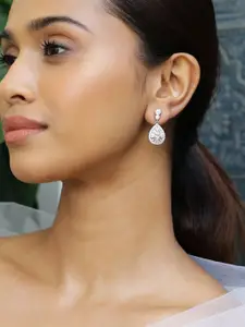 Rubans Rhodium Plated Cubic Zirconia Studded Radiant Teardrop Earrings
