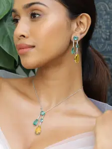 Rubans Rhodium Plated Emerald Green & Yellow Crystal Cubic Zirconia Studded Necklace Set
